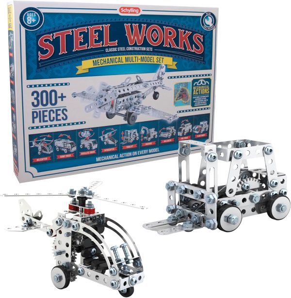 Schylling Steel Works Mechanical Multi-Model - Steel Building Set - Includes 300 Pieces. Tools. and Instructions to Make 10 Different Models - Ages 8 and Up